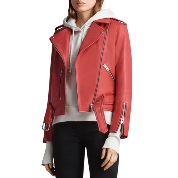 AllSaints Balfern Belted Coral Red Leather Biker Jacket Size 6 - Picture 12 of 16
